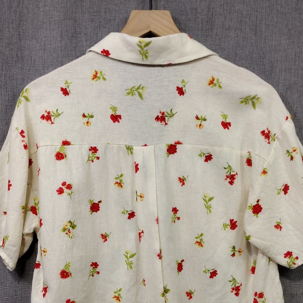 Forever 21 Linen Blend  Floral Button Up Shirt Womens S White Red Cottagecore - Picture 6 of 8